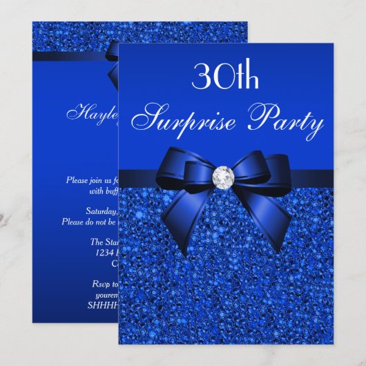 30e verrassingsfeestje Royal Blue Sequins en Bow Kaart (Voorkant / Achterkant)