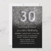 30e zilveren en zwarte glitter verjaardagsfeestje kaart (Voorkant)