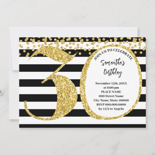 30e Zwart Wit en Goud Glitter Moderne Verjaardag Kaart (Voorkant)