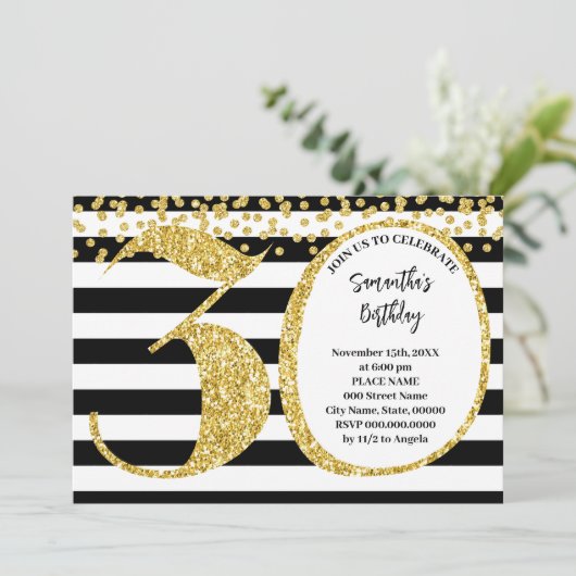 30e Zwart Wit en Goud Glitter Moderne Verjaardag Kaart (Staand voorkant)