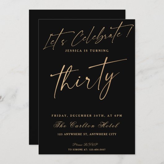 30e zwarte en goudlegante geboortedag kaart (Voorkant / Achterkant)