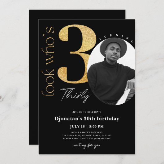 30e zwarte gouduitnodiging met foto kaart (Voorkant / Achterkant)