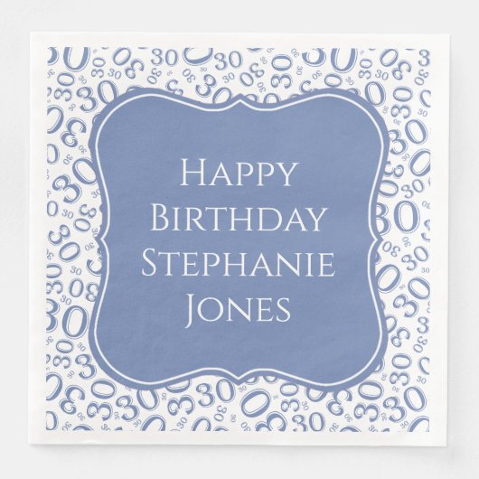 30h Verjaardag Blauw/Witte Beugel Nummer Patroon Servet (Voorkant)