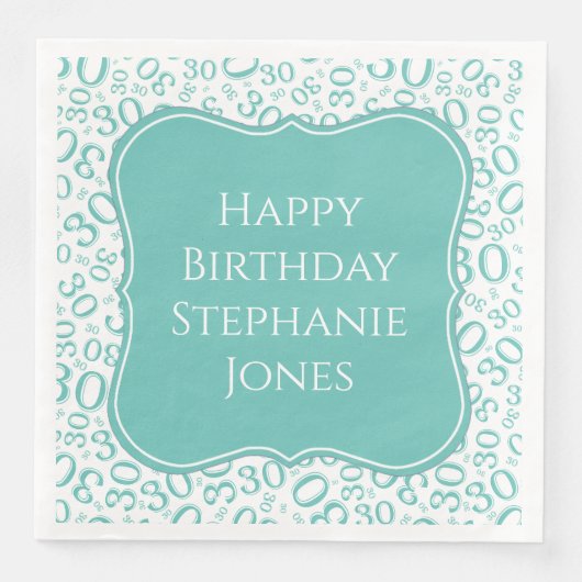 30h Verjaardag Blauwgroen/Witte Beugel Getal Patro Servet (Voorkant)