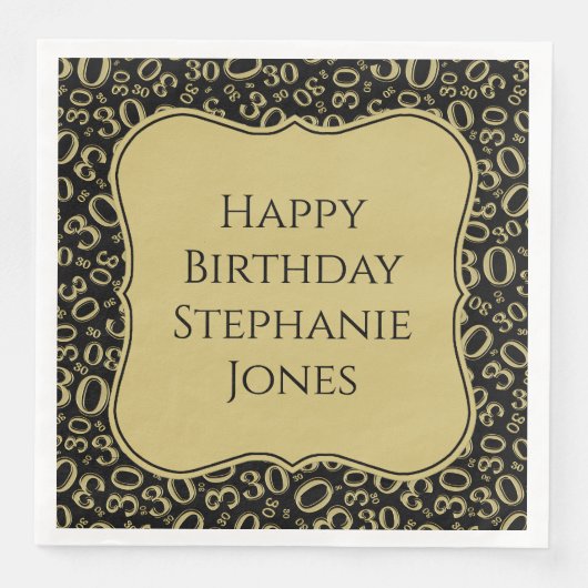 30h Verjaardag Zwart/Goud Beugel Nummer Patroon Servet (Voorkant)