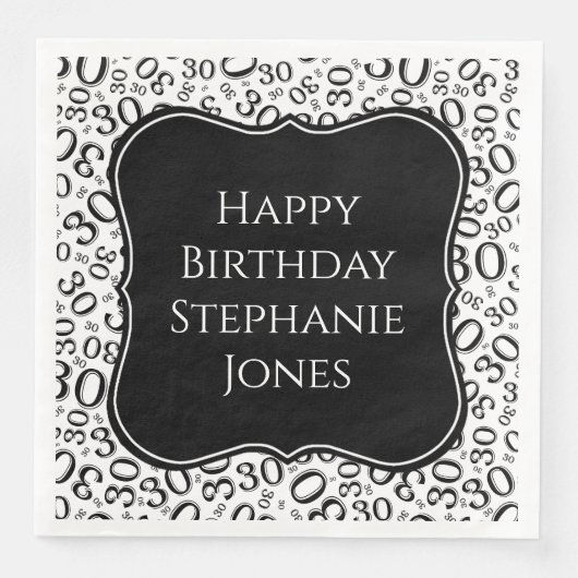30h Verjaardag Zwart/Wit Beugel Nummer Patroon Servet (Voorkant)