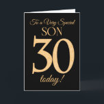 30ste Gouden Effect op Zwart voor Verjaardag van d Kaart<br><div class="desc">Een chique 30e Verjaardag Kaart voor een 'Very Special Son',  met een nummer 30 samengesteld uit gouden-effect nummers en het woord 'Son',  in gouden-effect,  op een zwarte achtergrond. Het bericht aan de binnenkant,  dat u desgewenst kunt wijzigen,  is 'Happy Birthday'</div>