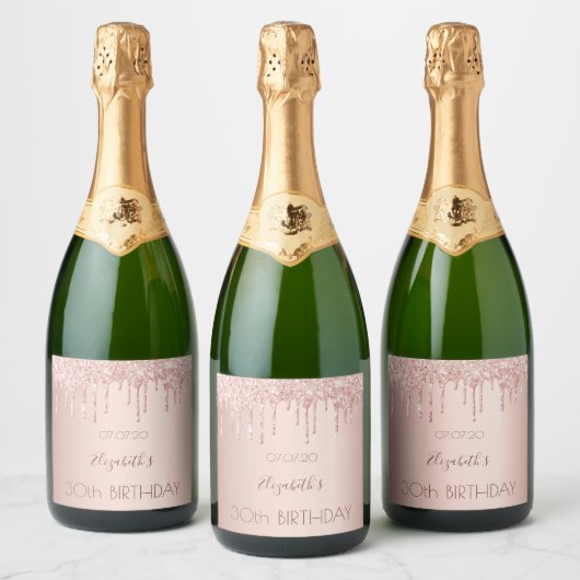 30ste verjaardag blush roos Gold Drips Naam Sparkling Wijnetiket (Flessen)