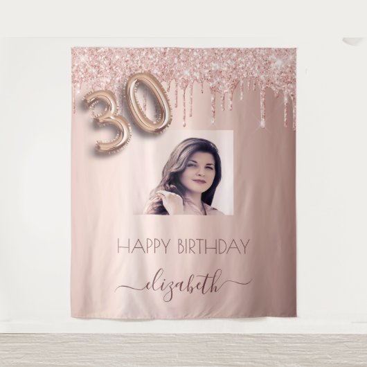 30ste verjaardagsfeest foto roze goud glitters roz wandkleed (Voorkant)