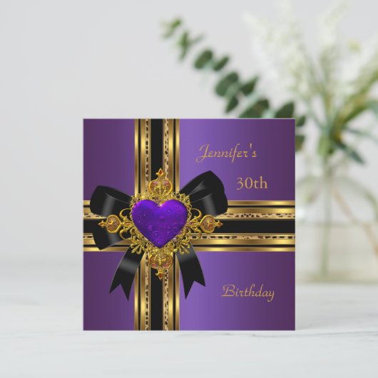 30ste verjaardagsfeest paars gouden hart juweel ro kaart (Staand voorkant)
