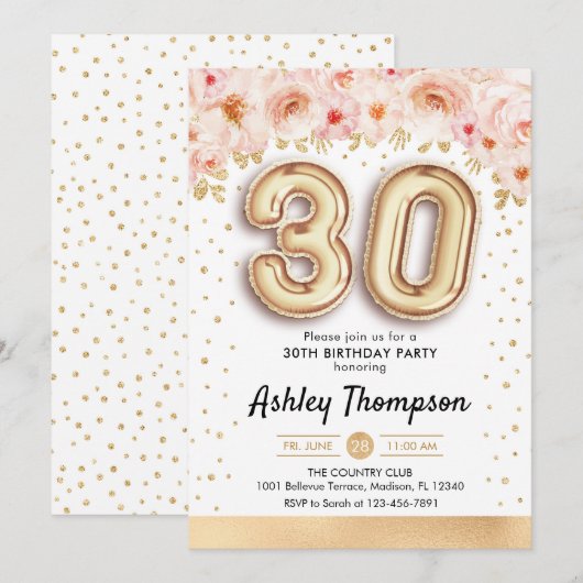 30ste verjaardagsfeestje - gouden ballonnen kaart (Voorkant / Achterkant)