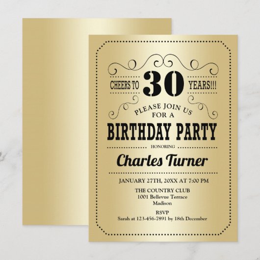 30ste verjaardagsfeestje - Retro Gold Black Kaart (Voorkant / Achterkant)