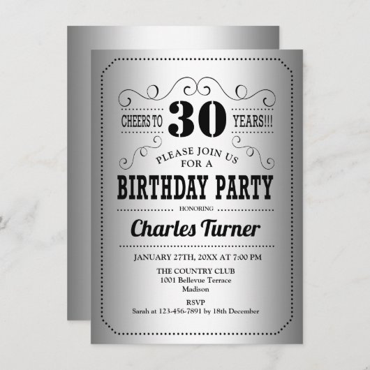 30ste verjaardagsfeestje - Retro Zilver Zwart Kaart (Voorkant / Achterkant)