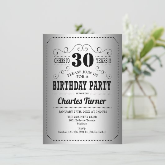 30ste verjaardagsfeestje - Retro Zilver Zwart Kaart (Staand voorkant)