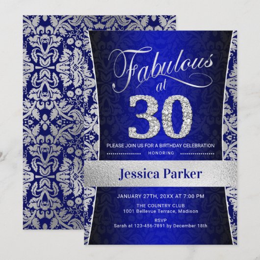 30ste verjaardagsfeestje - Silver Royal Blue Kaart (Voorkant / Achterkant)