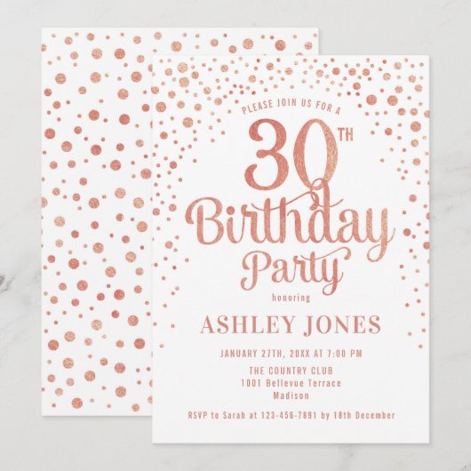 30ste verjaardagsfeestje - Wit & Roos Gold Kaart (Voorkant / Achterkant)