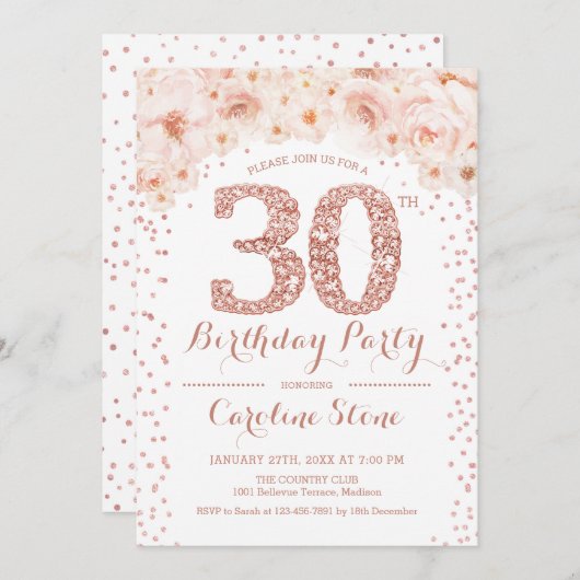 30ste verjaardagsfeestje - Wit Rose Gold Kaart (Voorkant / Achterkant)