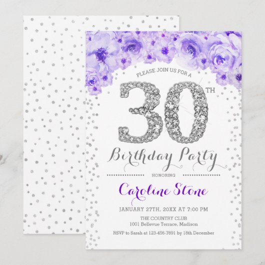 30ste verjaardagsfeestje - wit zilver Paarse Kaart (Voorkant / Achterkant)