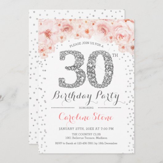 30ste verjaardagsfeestje - wit zilver roze kaart (Voorkant / Achterkant)