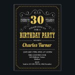 30ste verjaardagsfeestje - Zwart Goud Wit Kaart<br><div class="desc">Uitnodiging voor het 30e verjaardagsfeestje. Elegant zwart,  goud,  wit retro ontwerp met krijtbordpatroon en scriptlettertype. Proost op 30 jaar! Stuur me een bericht als je verder moet worden aangepast.</div>