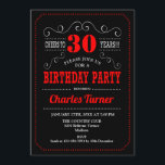 30ste verjaardagsfeestje - Zwart Rood Wit Kaart<br><div class="desc">Uitnodiging voor het 30e verjaardagsfeestje. Elegant zwart,  rood,  wit retro ontwerp met krijtbordpatroon en scriptlettertype. Proost op 30 jaar! Stuur me een bericht als je verder moet worden aangepast.</div>