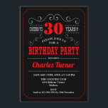 30ste verjaardagsfeestje - Zwart Rood Wit Kaart<br><div class="desc">Uitnodiging voor het 30e verjaardagsfeestje. Elegant zwart,  rood,  wit retro ontwerp met krijtbordpatroon en scriptlettertype. Proost op 30 jaar! Stuur me een bericht als je verder moet worden aangepast.</div>