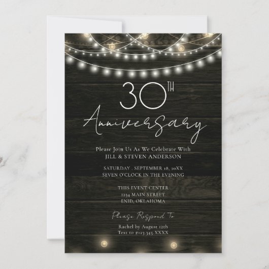 30th Anniversary Party Rustic Wood Lichten Kaart (Voorkant)