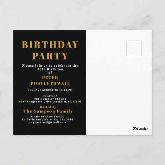 30th Birthday 1996 Black Gold Invitation Briefkaart (Achterkant)