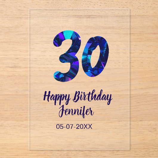 30th birthday add name date year blue sparkle  acryl uitnodigingen (Voorkant)