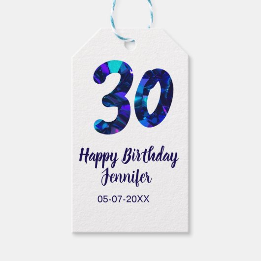 30th birthday add name date year blue sparkle  cadeaulabel (Voorkant)