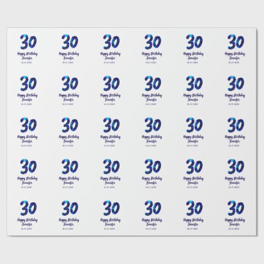 30th birthday add name date year blue sparkle  cadeaupapier (Vlak)