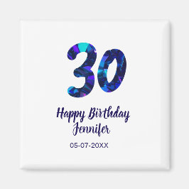 30th birthday add name date year blue sparkle  magneet