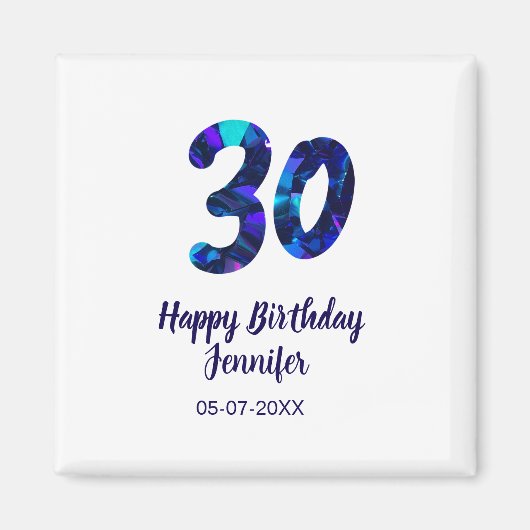 30th birthday add name date year blue sparkle  magneet (Voorkant)