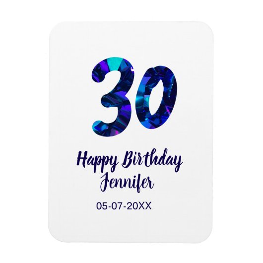 30th birthday add name date year blue sparkle  magneet (Verticaal)