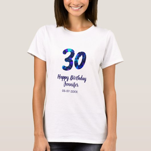 30th birthday add name date year blue sparkle  t-shirt (Voorkant)