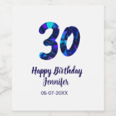 30th birthday add name date year blue sparkle  wijn etiket (Enkel label)