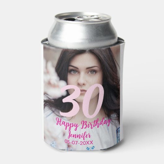 30th birthday add name date year white photo blikjeskoeler (Blikje Voorkant)