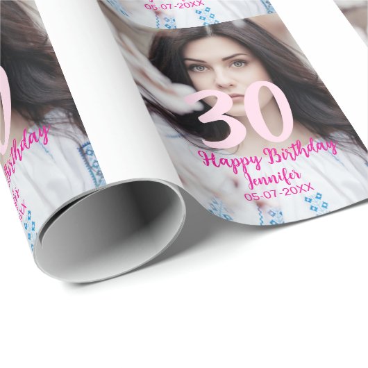 30th birthday add name date year white photo cadeaupapier (Rol Hoek)