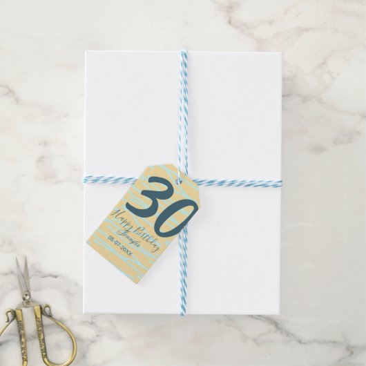 30th birthday add name date year yellow blue paste cadeaulabel (Met Touw)