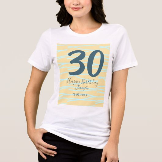 30th birthday add name date year yellow blue paste Tri-Blend shirt (Voorkant)