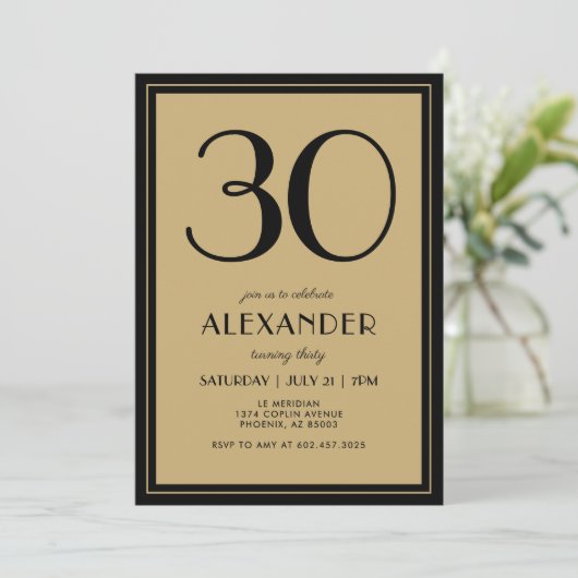 30th Birthday Adult Black and Gold Modern Minimal  Kaart (Staand voorkant)