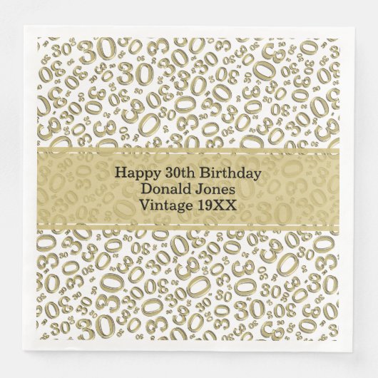 30th Birthday Age Number Pattern Gold/White Servet (Voorkant)