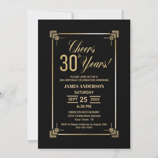30th Birthday Black and Gold Party Invitation Kaart (Voorkant)