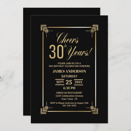 30th Birthday Black and Gold Party Invitation Kaart (Voorkant / Achterkant)