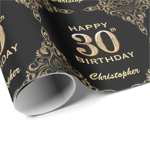 30th Birthday Black en Gold Glitter Lijst Cadeaupapier