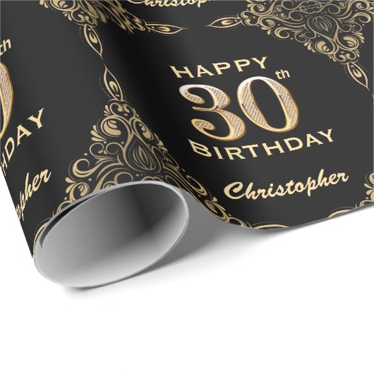 30th Birthday Black en Gold Glitter Lijst Cadeaupapier (Rol Hoek)