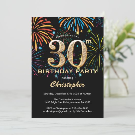 30th Birthday Black en Gold Rainbow Fireworks Kaart (Staand voorkant)