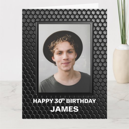 30th Birthday Black Geometric Pattern Custom Photo Kaart (Voorkant)