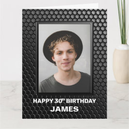 30th Birthday Black Geometric Pattern Custom Photo Kaart