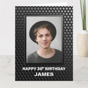 30th Birthday Black Geometric Pattern Custom Photo Kaart